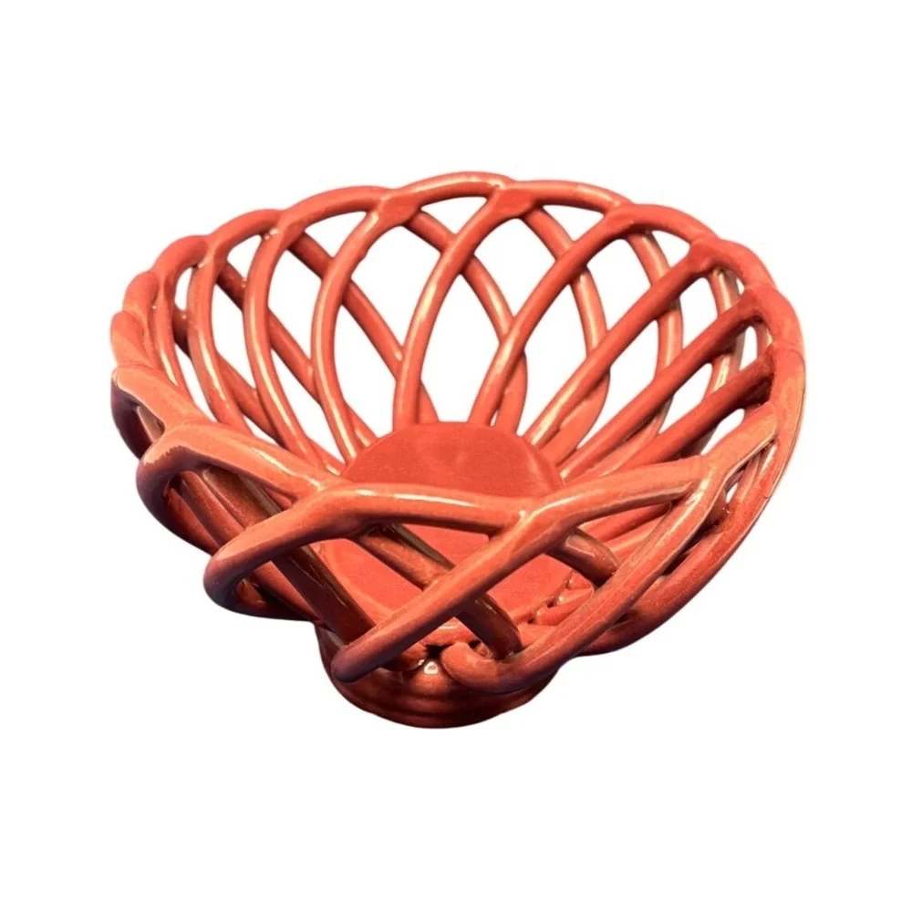 Signed Ceramic Woven Lattice Bread Basket Bowl Cranberry Red Glazed Oval‎ 9in